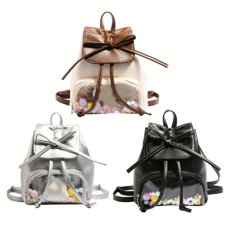 

Japanese Small PU Leather Backpack Bows Clear Pocket School Bag for Display