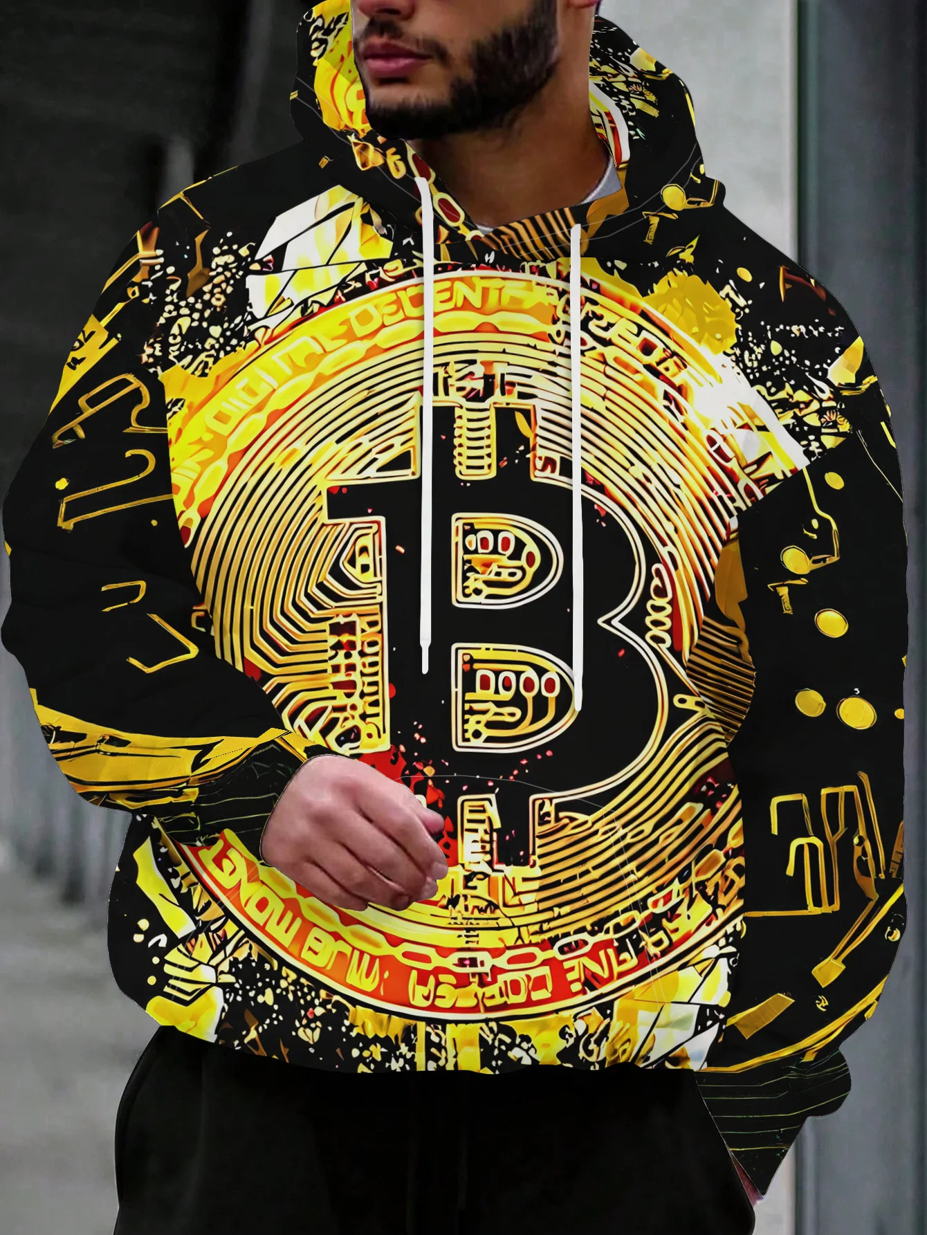 Men Golden Bitcoin Circuit Graffiti 3D Print Hoodie Crypto Currency Graphic Casual Long Sleeve Hooded Sweatshirt