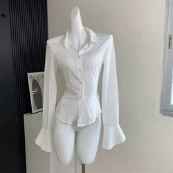 Fashion Lace Up Women Shirts Korean Slim Bell Sleeve White Blouse Spring New Streetwear All Match Ladies Button Tops