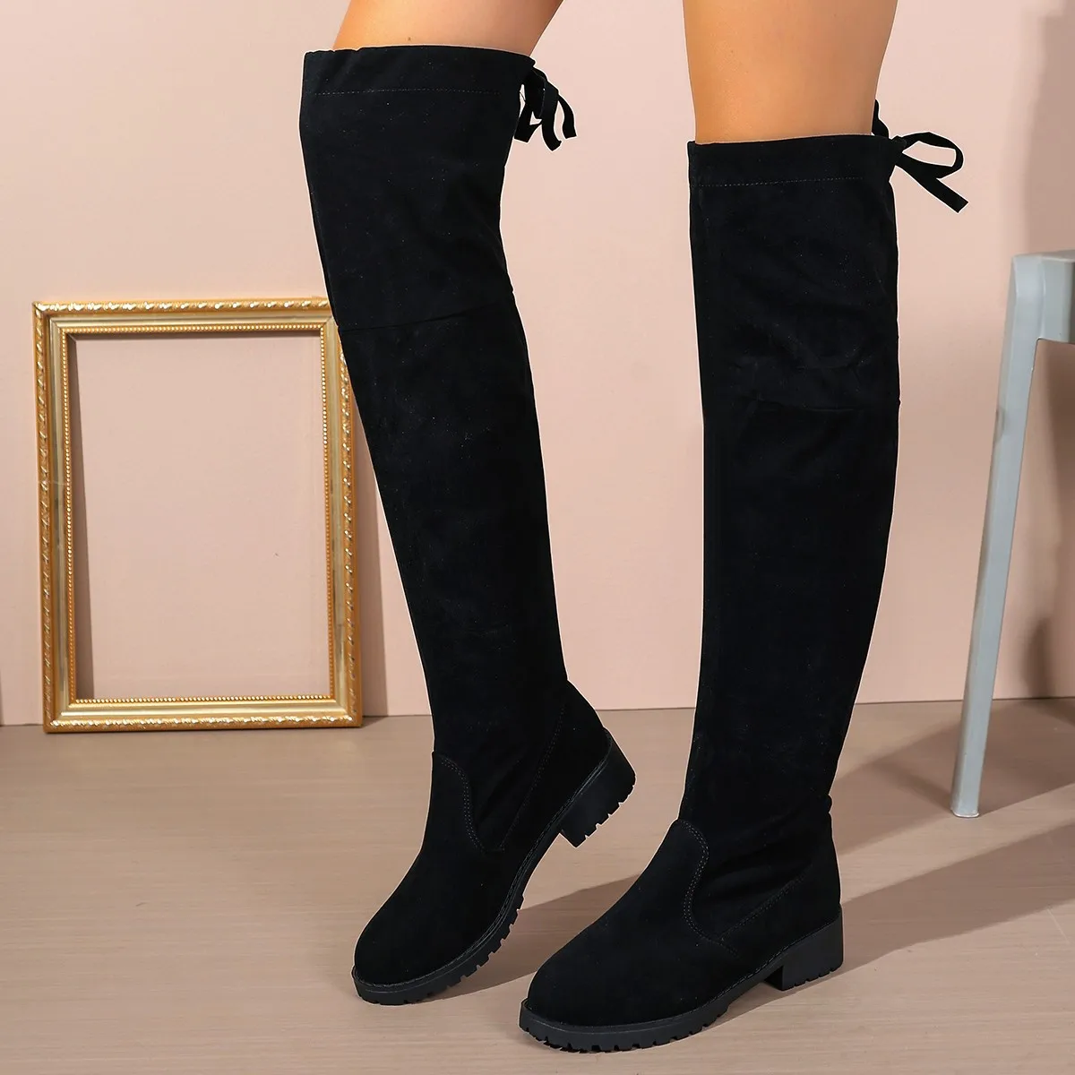 2026 Damen-Kniestiefel aus Kunstwildleder für Herbst und Winter, elastische Schnürstiefel, schwarze Botas – Detail 2