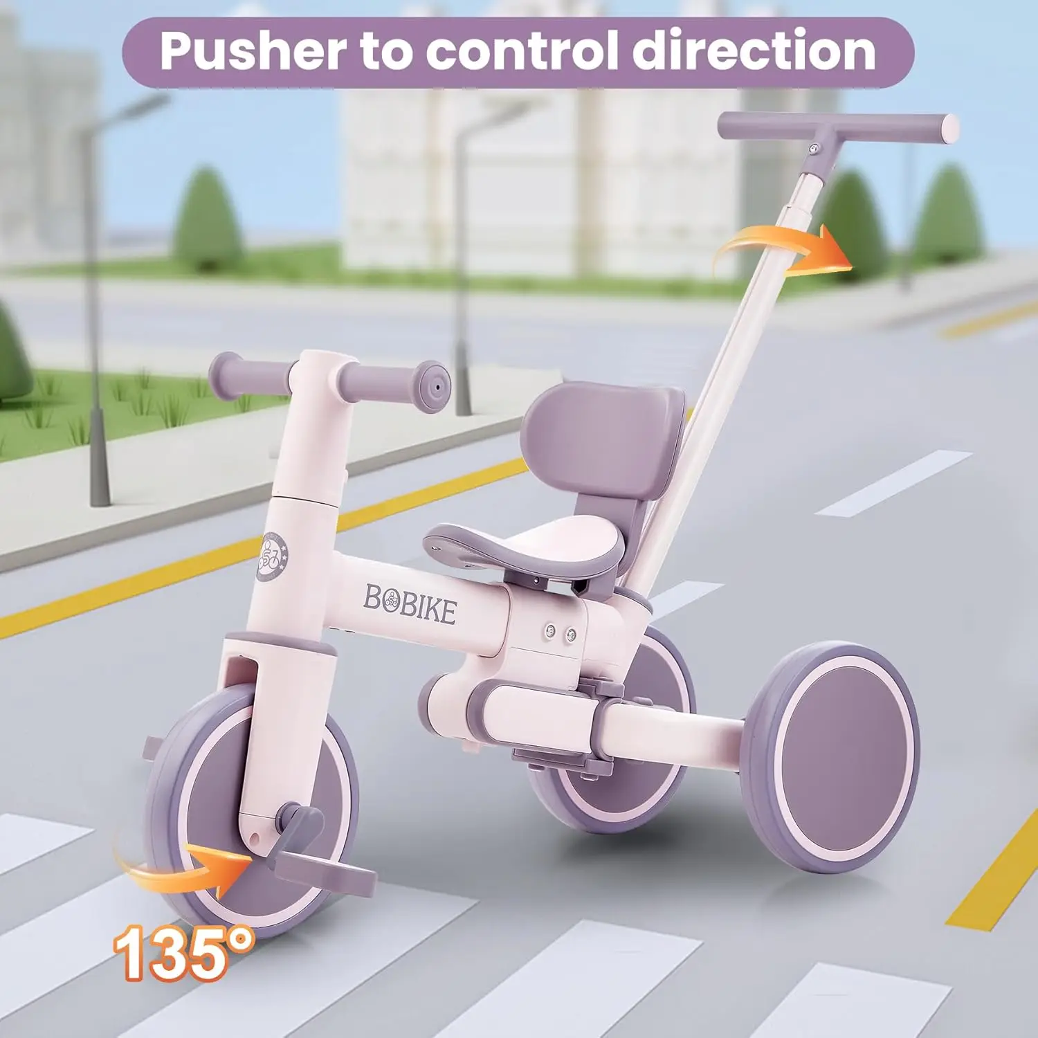 푸시 핸들 및 등받이가 있는 어린이 삼륜차, 유아 균형, 18 개월 ~ 5 세 유아용 5 인 1 삼륜차