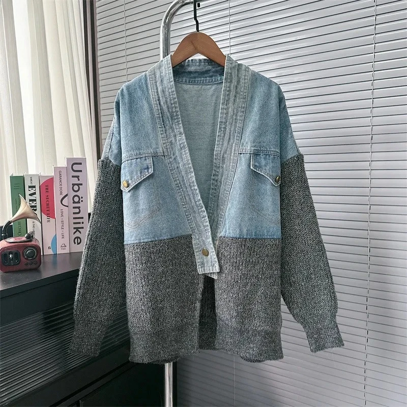 Cardigan en tricot patchwork en denim de style coréen pour femme, veste pull surdimensionnée et chic, inspirée du designer, tendance, automne et hiver