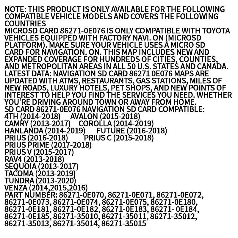 86271 0E076 لتويوتا الملاحة بطاقة SD سيارة 4th RAV4 هانلندا الخ الولايات المتحدة الأمريكية/كندا/المكسيك لتحديد المواقع 2024 استبدال تحديث الخريطة