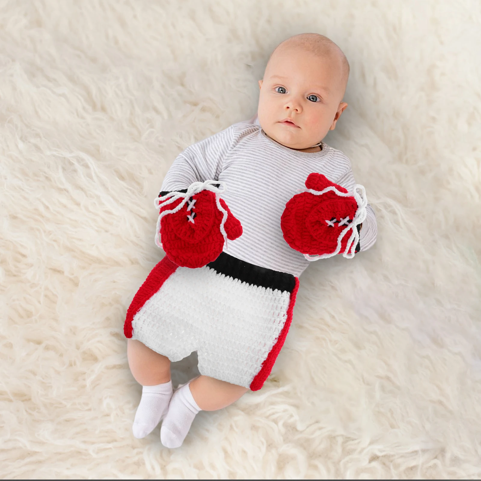 

1 set 1 Set Newborn Baby Boxing Outfit With Gloves Pants Cute Infant Photoshoot Costume Soft Knitted Clothes Durable Comfortable