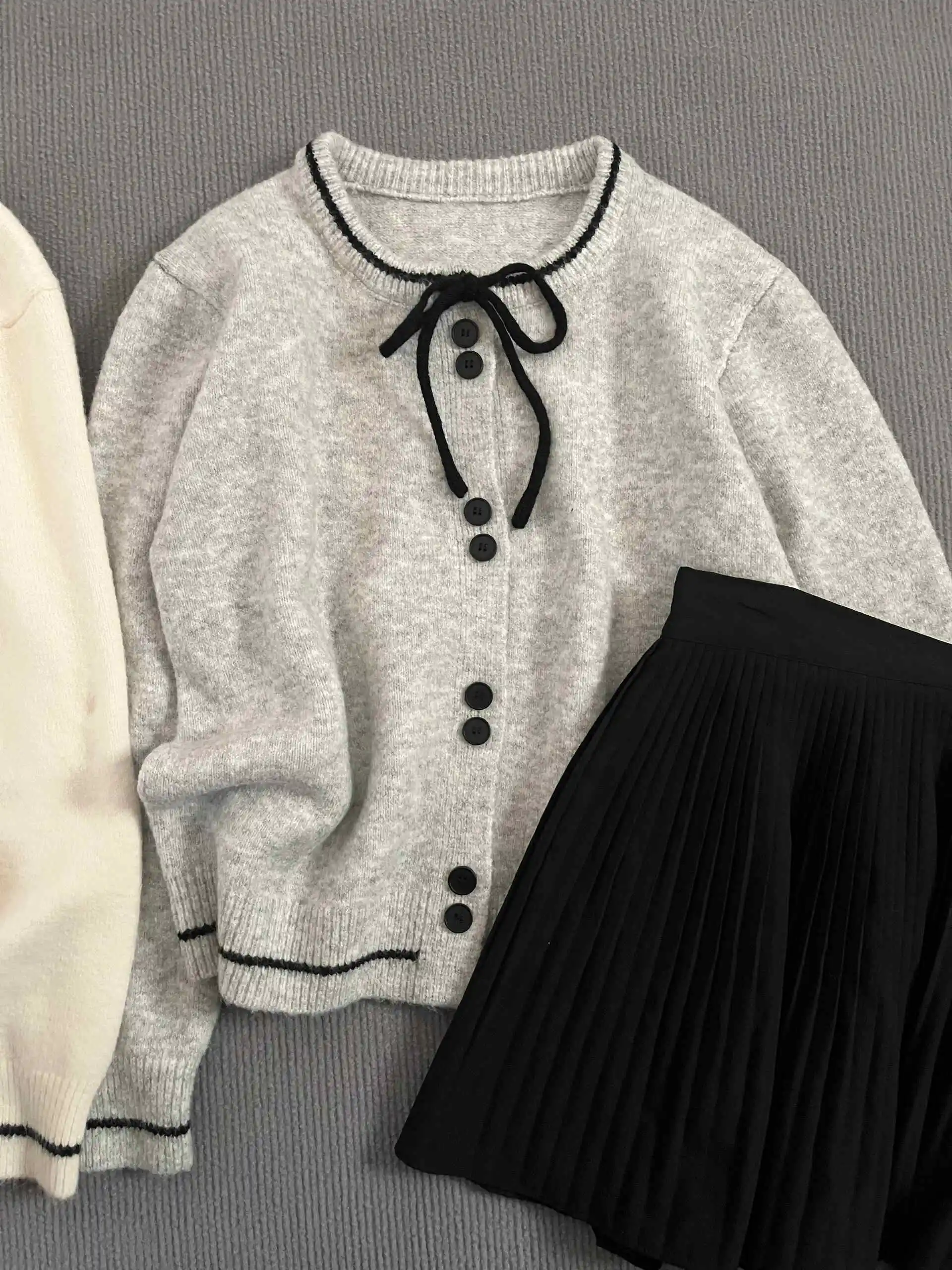 Simple O-Neck Women Knitted Cardigan Korean Trendy Bow Long Sleeve Single Breasted Soft Knitwear Lady Sweater Coat