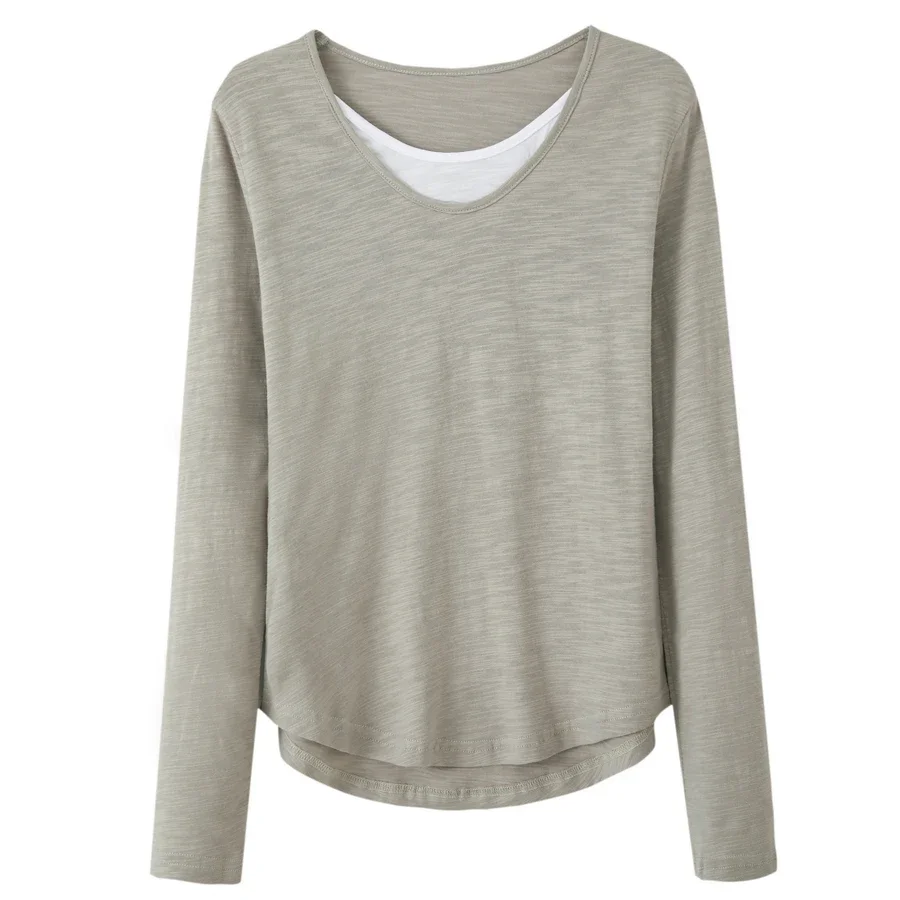 Zjaiss Damen-Langarm-beiläufige, lockere Hemden, 2026, Frühling, Baumwolle, gefälschte Zweiteile, V-Ausschnitt, gestrickte T-Shirts, Strickwaren-Tops