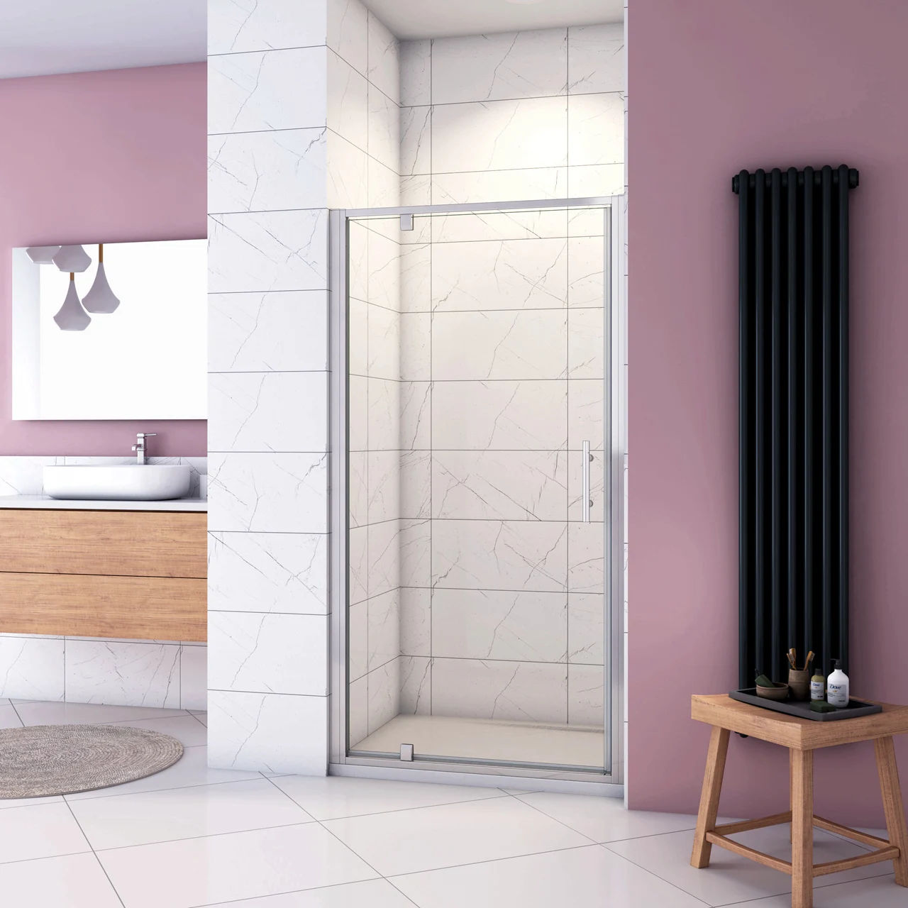 H.185 cm Box Doccia per Nicchia Porta Girevole Battente Vetro Temperato 5 mm Trasparente  Profili Cromati Lucidi Misura 70/76/80/86/90/100 cm