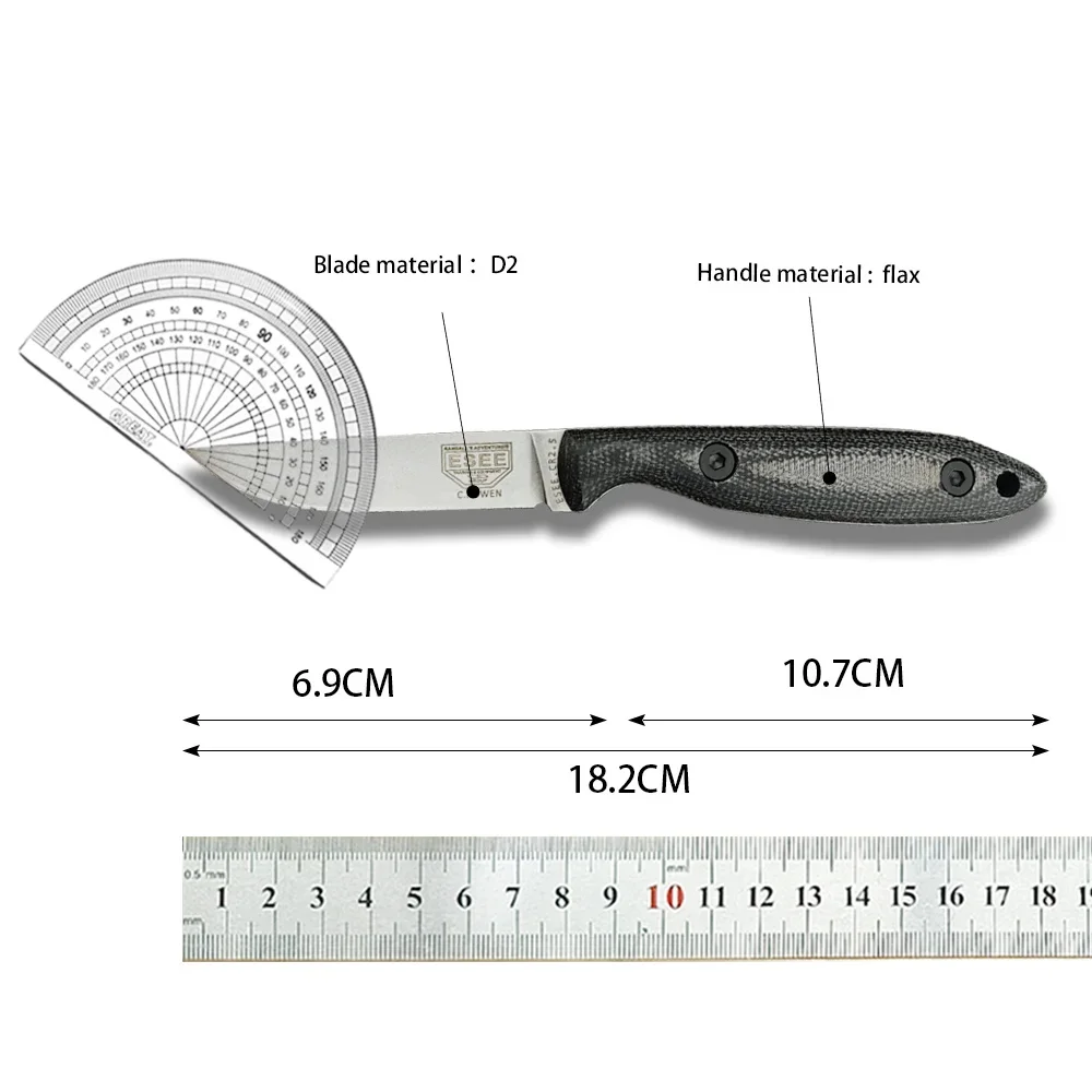 Outdoor camping linen handle hunting knife made of D2 steel, easy to carry, EDC fixed blade tool, equipped with K-type sheath - view 6
