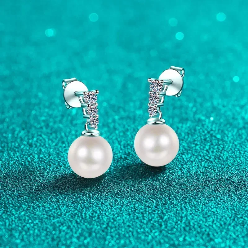 

Женские серьги с инкрустацией пресноводным жемчугом 8 мм, элегантные 23-точечные нишевые серьги с муассанитом и бриллиантами для подарка на День святого Валентина