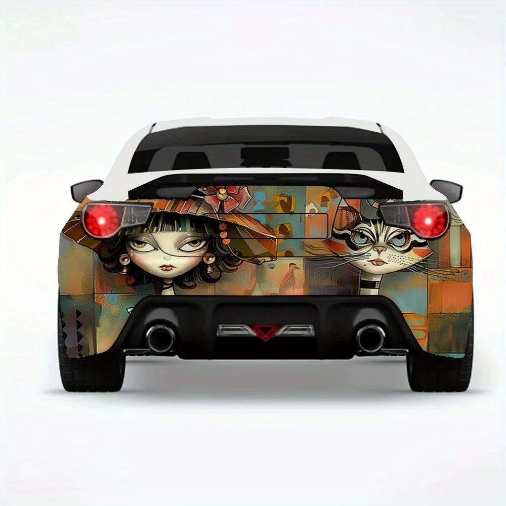 

Девушка и полосатый кот, художественная автомобильная наклейка, виниловая наклейка на заднюю часть автомобиля, водонепроницаемые самоклеящиеся виниловые наклейки для хвоста и бампера автомобиля, D