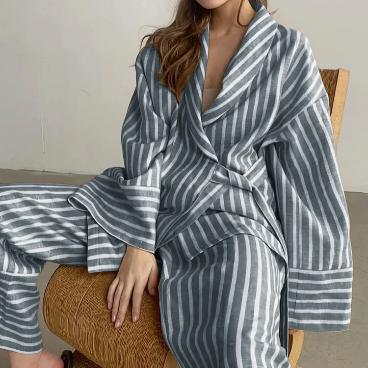 Casual Yellow Stripe Suits Elegant High Waist Wide Pants Set Fashion Lapel Long Sleeve Shirts Two Piece Set For Women Outfit