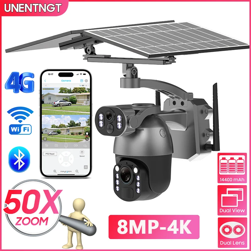 UNENTGT 8MP 50x التكبير الشمسية كاميرا أمان لاسلكية عدسة مزدوجة تسجيل الفيديو PTZ كاميرا خارجية 4G SIM / WIFI اللون للرؤية الليلية