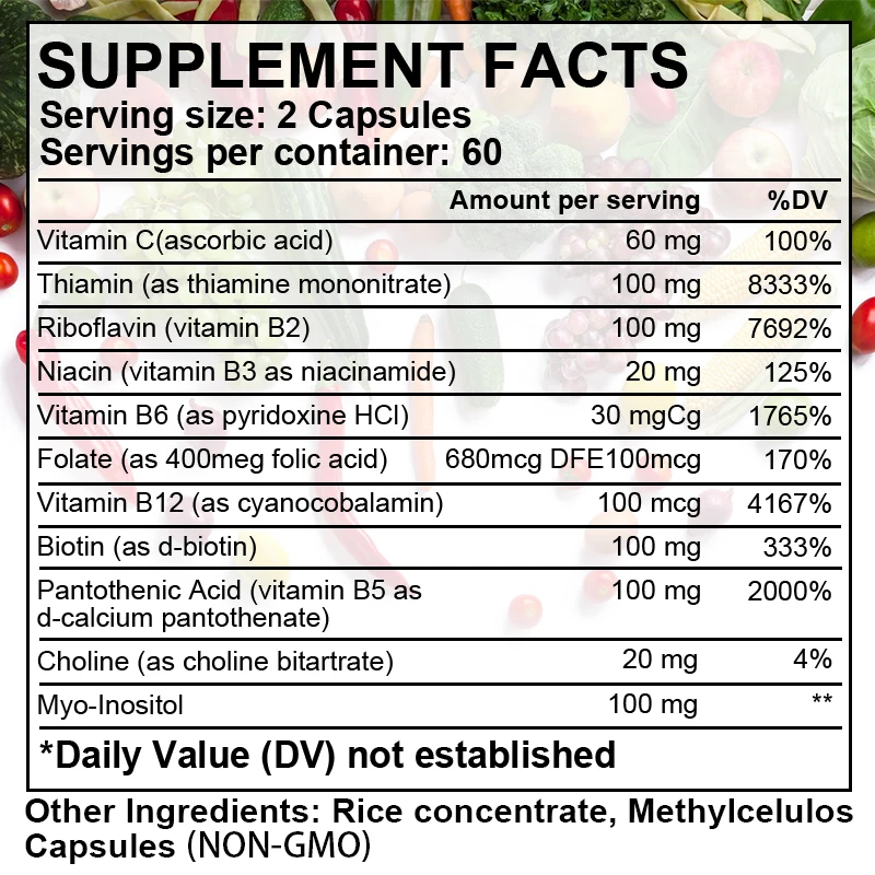 Vitamin B Complex Capsule (B12, B1, B2, B3, B5, B6, B7, B9, Folic Acid & Biotin), Reduce Stress & Supports Better Moods