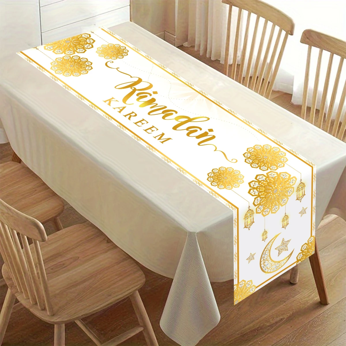 مفرش طاولة رمضان كريم من الذهب الأبيض ديكور رمضان للمنزل 2026 لوازم الحفلات الإسلامية هدايا عيد مبارك الأضحى