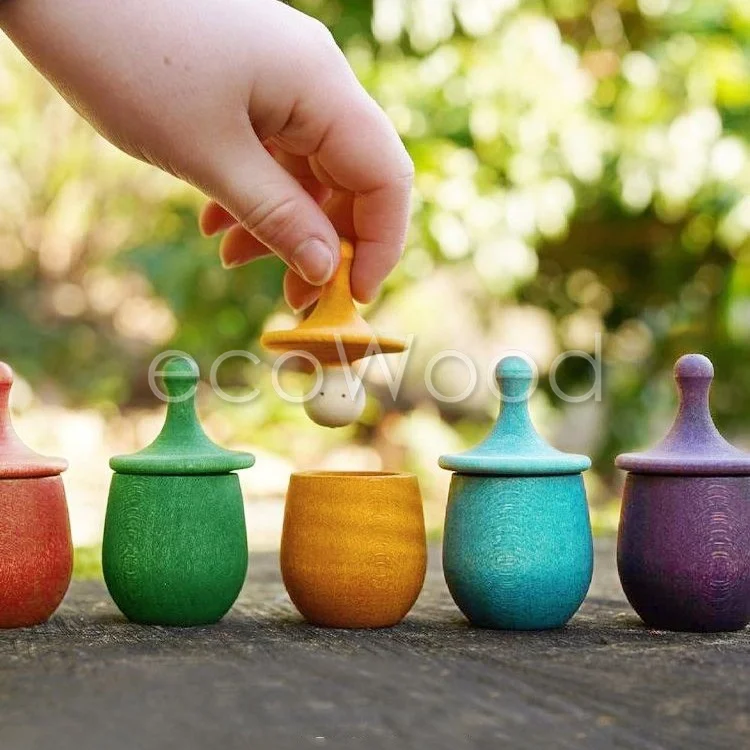 Little Thing Toy Handmade Wooden Cup Figure Gyro Game Color Sorting Sensory Toys Montessori Educational Wooden Toys for Children