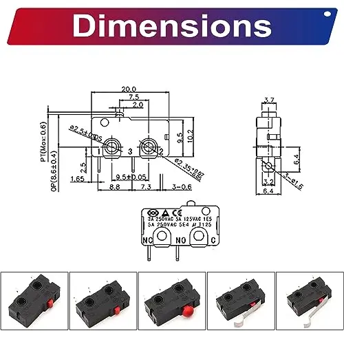 Interruptor de Limite com Fio 18AWG, 3.8mm Spade, 1NO, 1NC, 5A, 125V, 250V, 2Pin, 3Pin