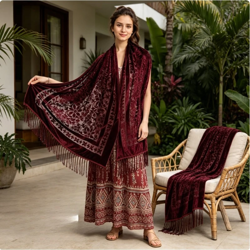 

Богемная бархатная шаль в этническом стиле, универсальный шарф-накидка для вечерних платьев и головной убор для женщин, элегантная одежда