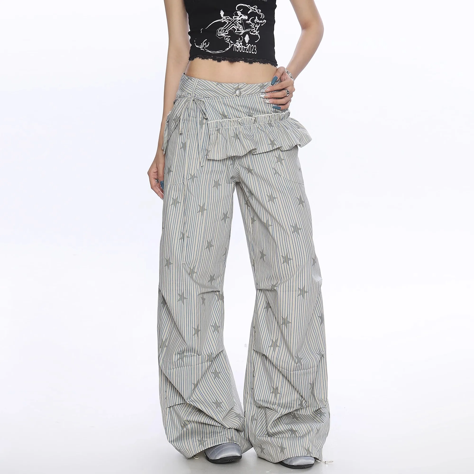 Women's Casual Striped Woven Star Print Wide Leg Pants Casual Stylish Full Length Trousers Y2K Clothes Streetwear