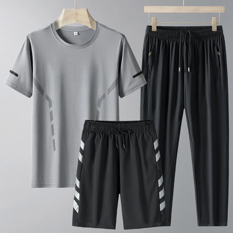 Summer Men's Pullover Short Sleeve Crew Neck T-shirt High Waisted Pockets Drawstring Elastic Long Pants Shorts England Sets