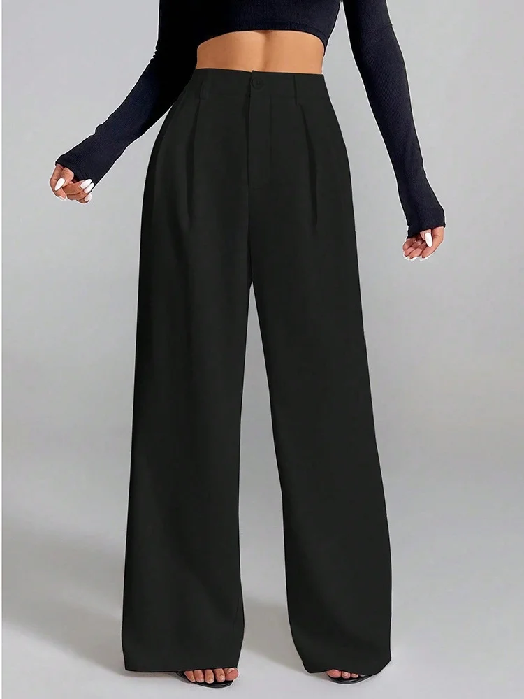 

Elegant Black Solid Baggy Pants Fashion Women Pocket Elastic High Waist Pocket Wide Leg Pant Casual Office Lady Commute Trousers
