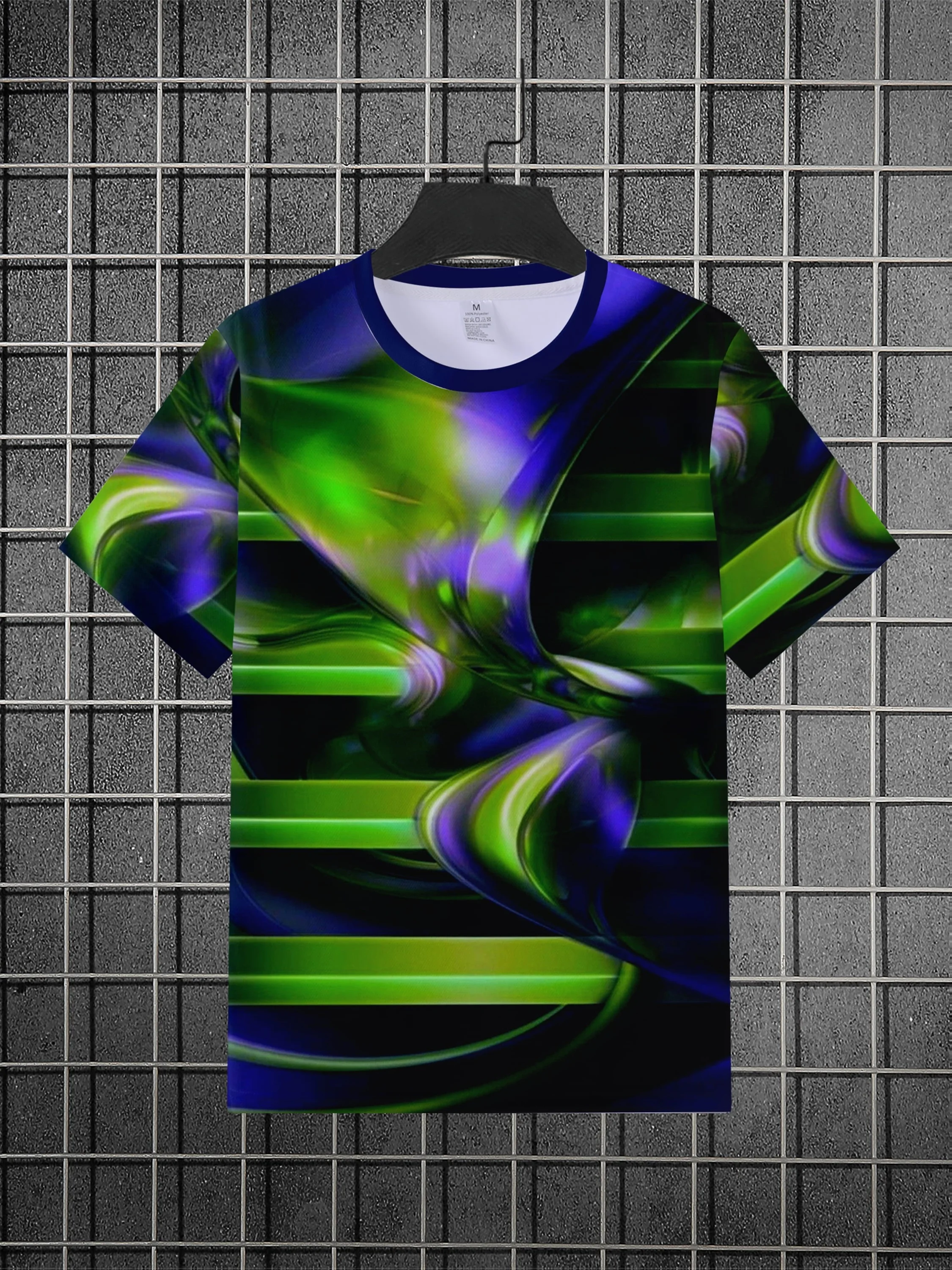 Men Green Purple Swirl Liquid Abstract Print Blue Trim Crew Neck Short Sleeve Tee