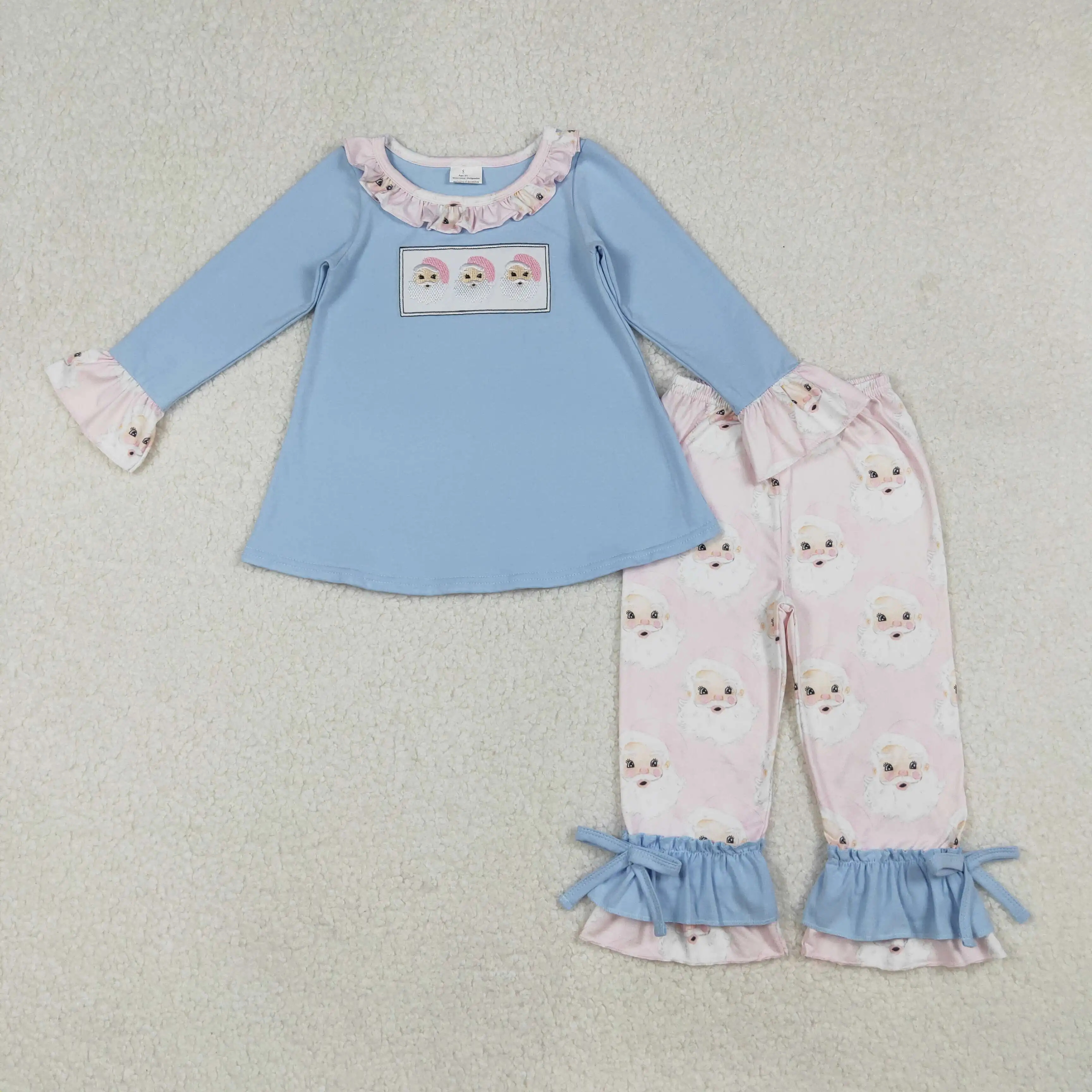 

X9.11 Embroidered Santa Claus Children's Girls Clothing Wholesale Lace Blue Long Sleeve Top with Pink Trousers Suit New Arrival