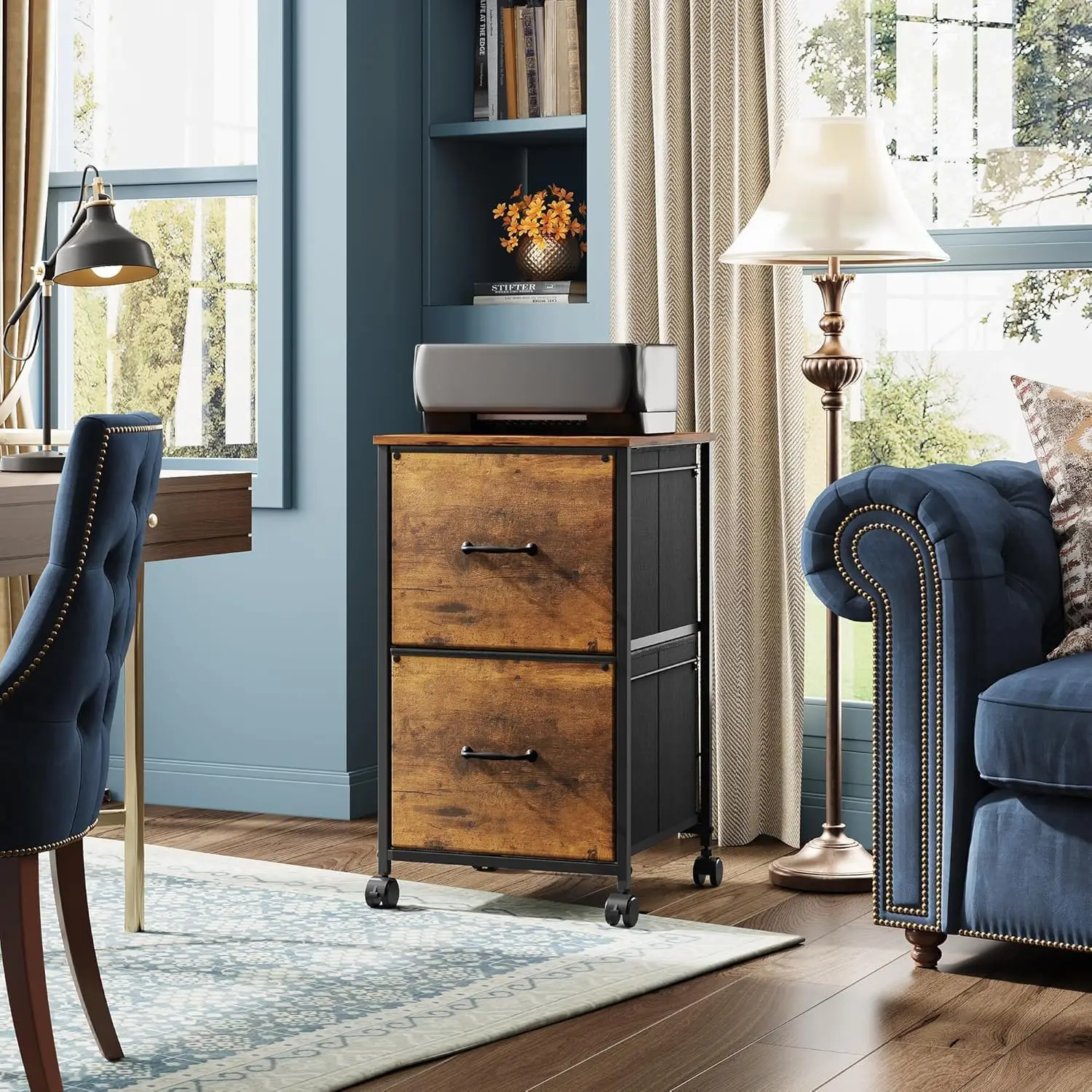 2-Drawer Mobile File Cabinet with Rolling Printer Stand, Rustic Brown Wood Grain for Home Office Storage