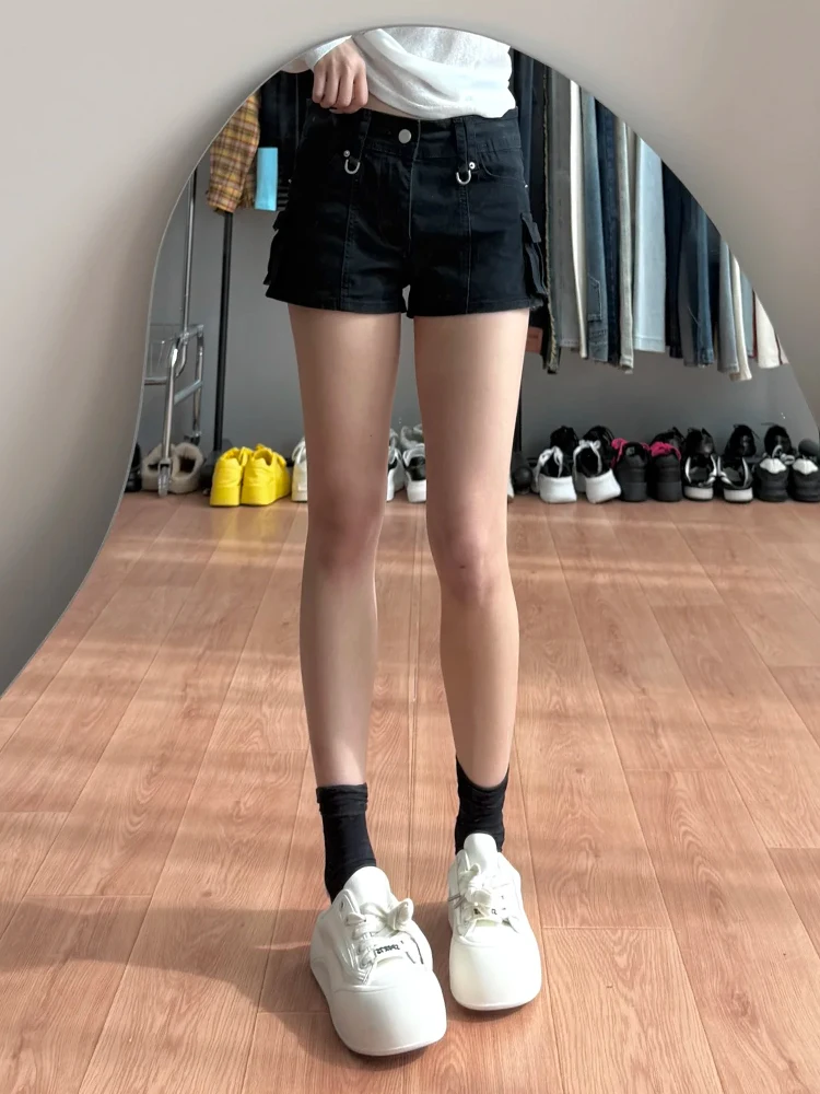 

High Waist Black Denim Shorts Women's plus Size Spring A-Line Slimming High Waist Hot Pants Casual Washed Wide Leg Jeans