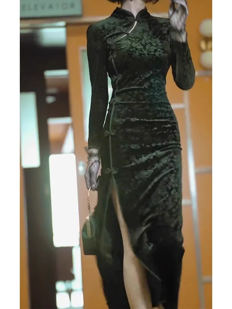 Ele Bla Velvet Wrap Bodycon Dr Chinese Sle Hoge Taille Lange Sve Dames Faion Herfstseizoen Sexy Slip Dr