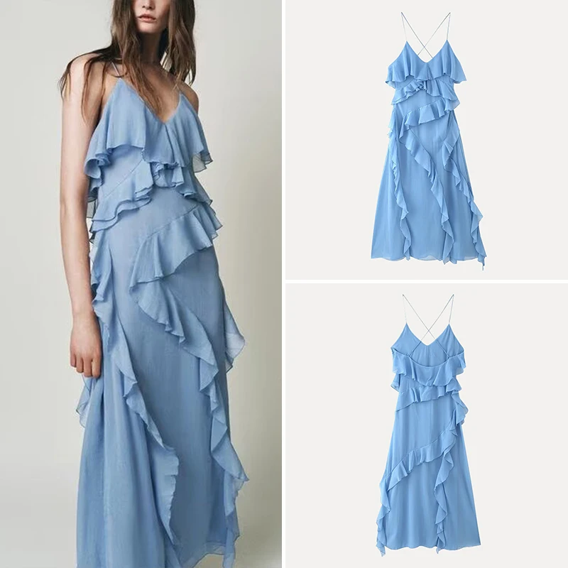 Vestido Decorativo em Camadas Faion F Nova Chegada de Verão Vestido de Alça em Fibra de Poliéster Média iez Cor S...