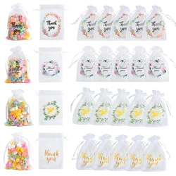 20pcs Thank You Drawstring Organza Bags Floral Candy Jewelry Gift Packing Bag Birthday Wedding Party Baby Shower Favor for guest