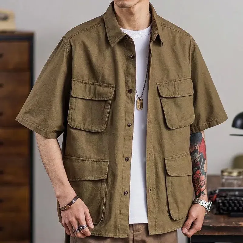Japan Retro Harajuku Cargo Shirts for Men Summer Short Sleeved Loose Shirt Korean Men's Multi Pocket Outdoor Coat Y2k Streetwear