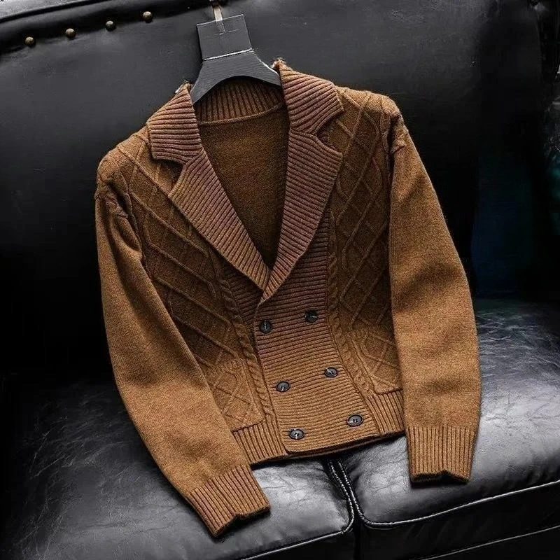 Men Blazer Collar Cable Knit Cardigan Double Breasted Sweater Jacket Autumn Winter Solid Color Retro Knitted Outerwear For Men