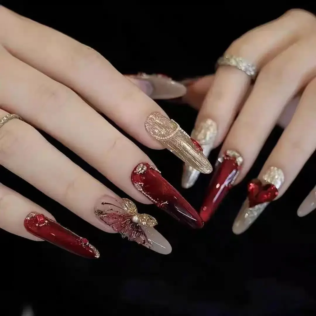 

Aurora Mirror Luxury Chinese Style Press On Nails Handmade Good Luck Spiritual Butterfly Fake Nail Patches New Year Gift