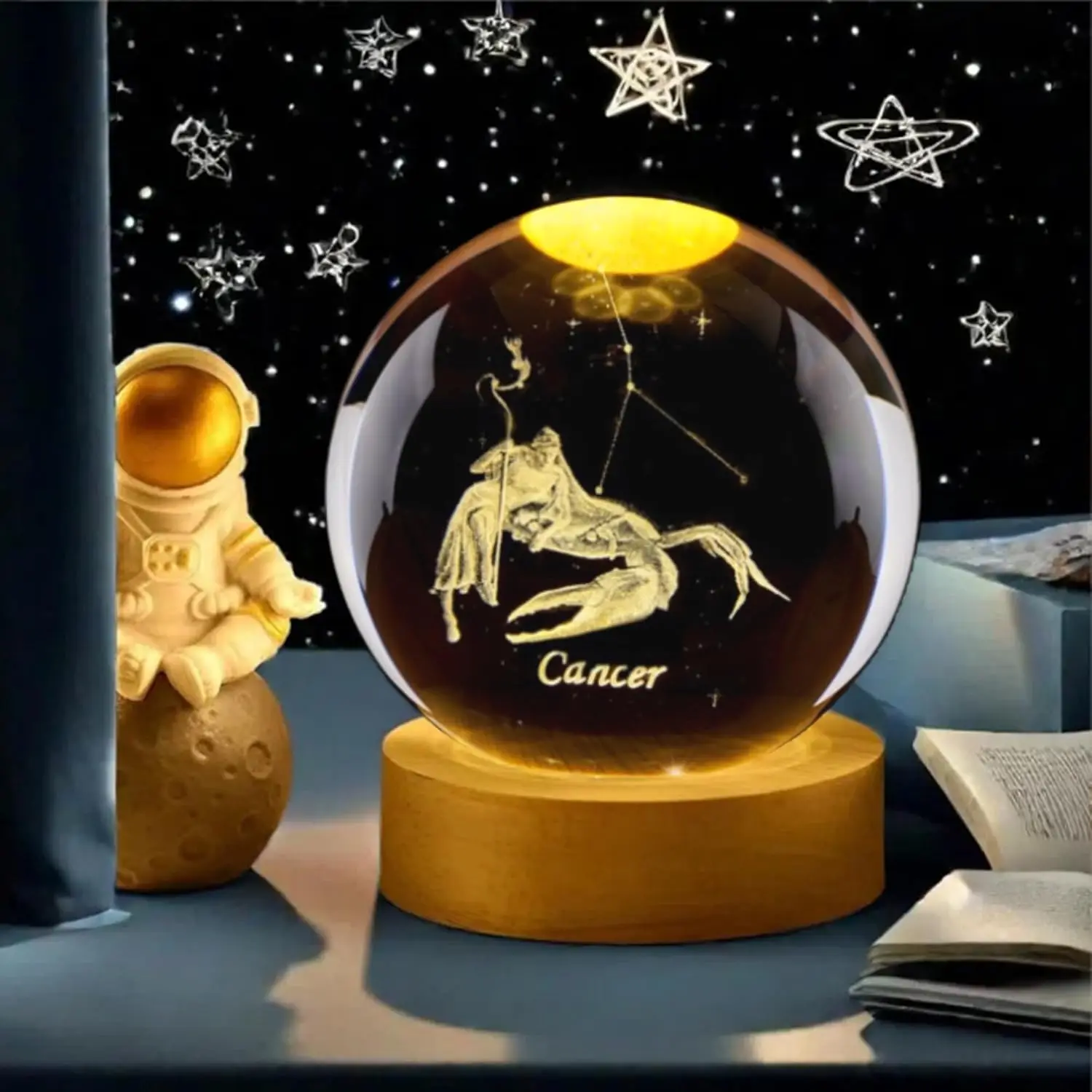 3D Cancer Constellation Crystal Ball with Wooden Light Base Glass Sphere Decorative Balls Paperweight