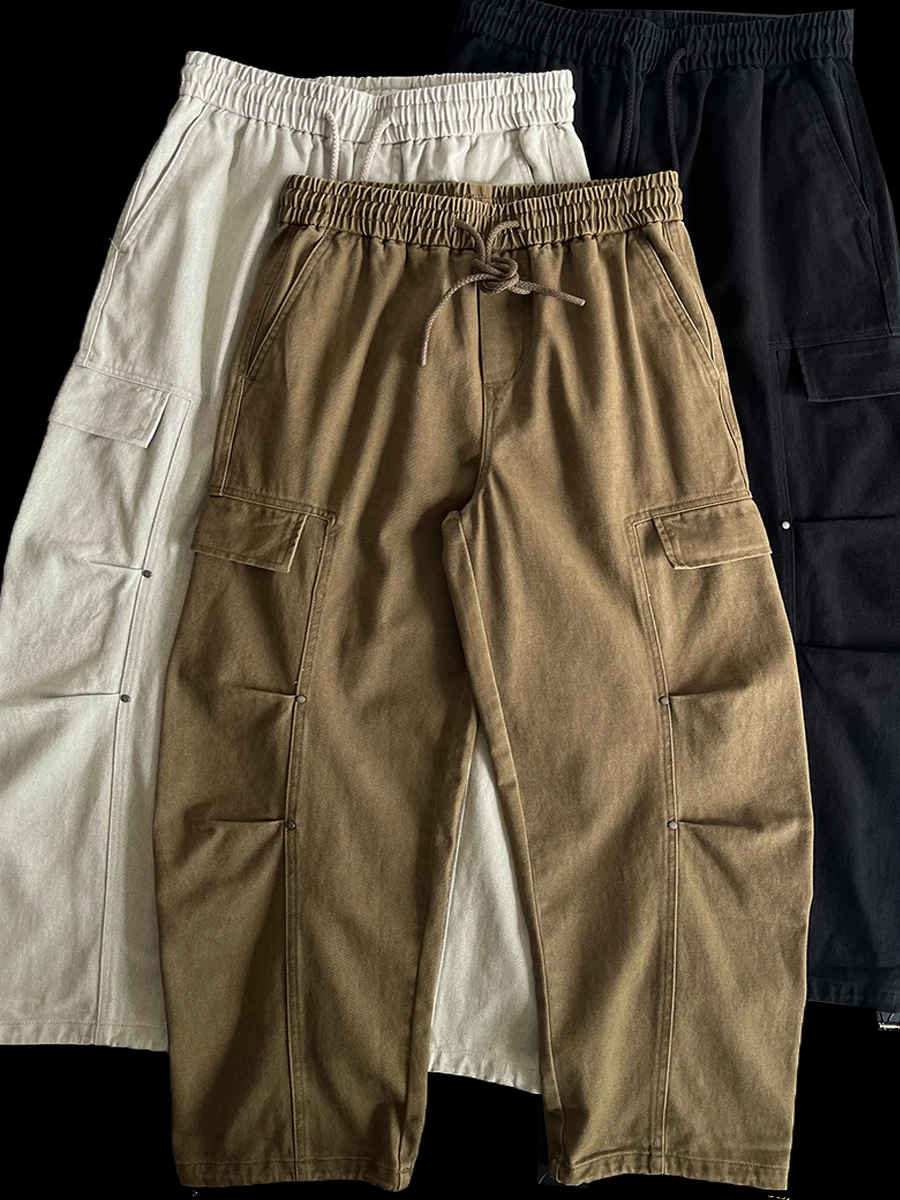 

Men's Loose Fit Straight Leg Cotton Workwear Pants Autumn Winter Thiened Pure Cotton Trousers with kets Faionable All-...