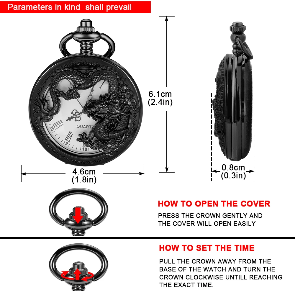 Chinese Dragon Sculpture Black Quartz Pocket Watch High Quality Necklace Timing Pendant Unisex Pocket Watch Gift Cf1629