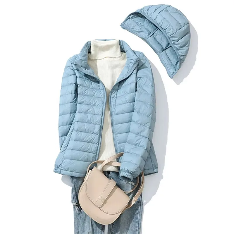 Cappello Piumino con cappuccio staccabile Autunno Inverno Donna Piumino d'anatra bianco sottile ultraleggero Parka Capispalla corto caldo da donna