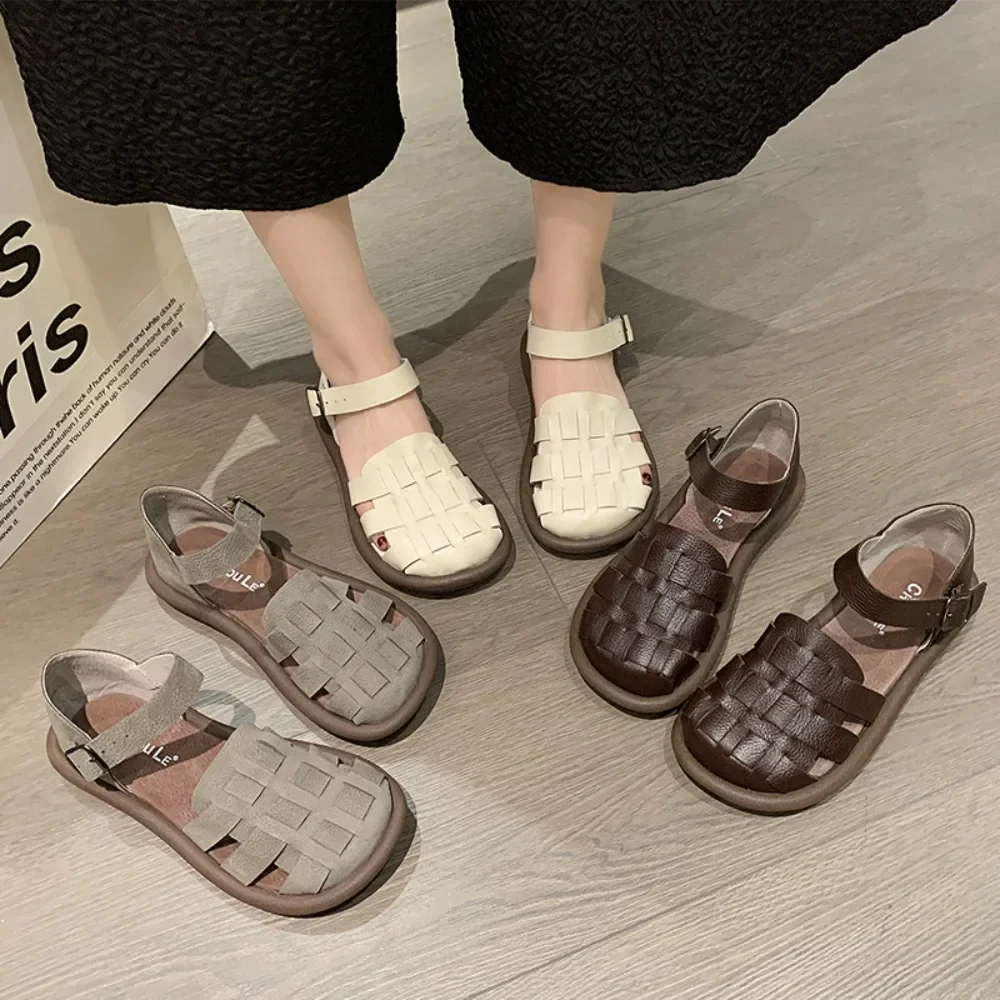 Neue frauen Sommer Zapatillas De Mujer Schuhe Karree Flache Sandalen Leder Frauen Gladiator Sandalen Slip auf Damen Strand Schuhe
