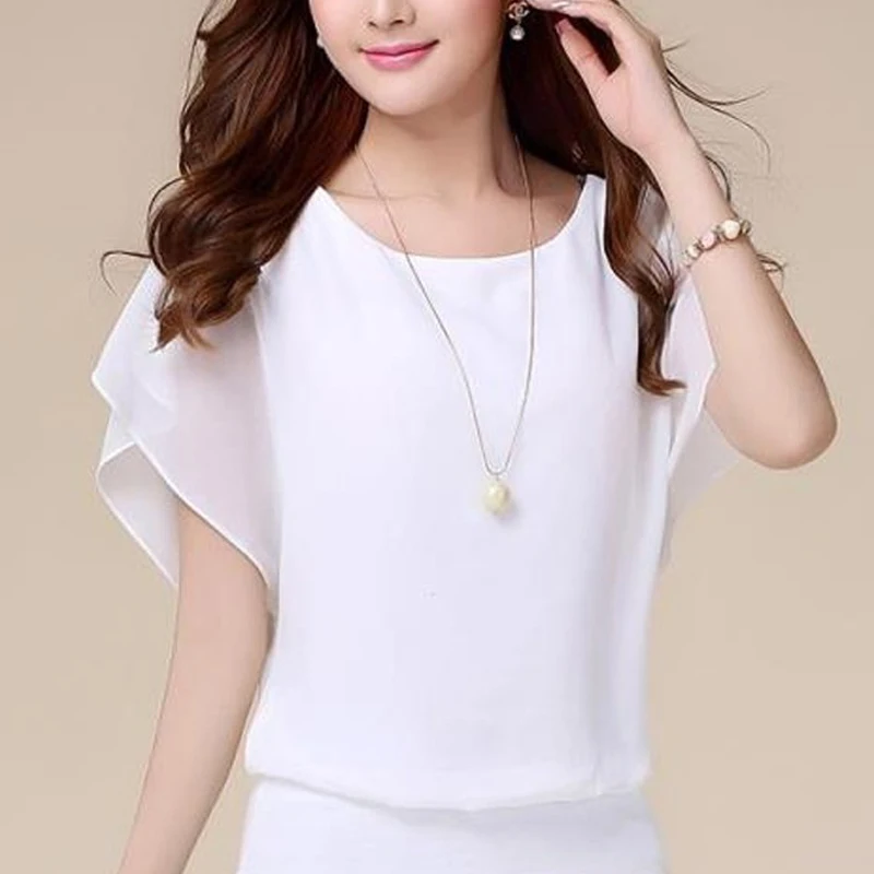 Seven Colors Chiffon White Shirt Blouse For Women Casual Solid Loose O Neck Ruffle Batwing Sleeve Female Tunic 5XL Plus Size Top