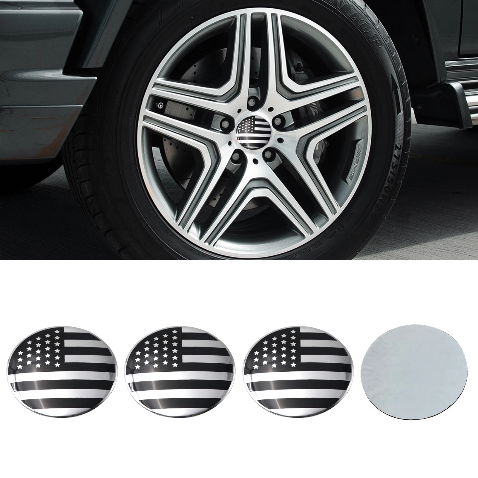 Autocollant de capuchons de centre de roue de voiture, insigne en aluminium, emblème de décalcomanie, style de logo américain américain, argent et noir, 60mm, 2.36 po, 4 pièces