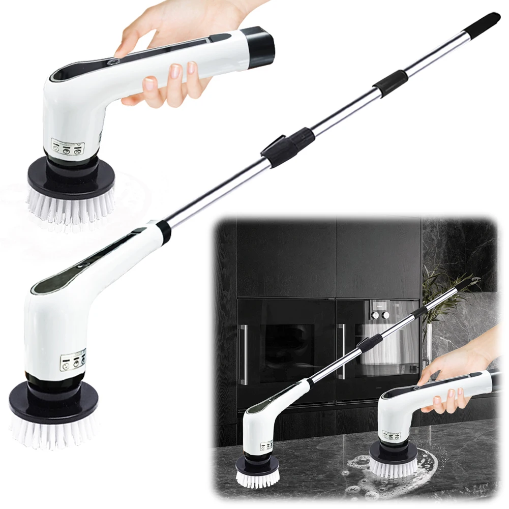 Versatile Electric Spin Cleaning Scrubber with LED Display and Multiple Brush Heads for Home Use in Kitchen and Bathroom