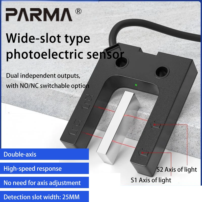 U-shaped photoelectric switch sensor with dual-channel output. Slot width: 25MM. Reflective type sensor for detection.