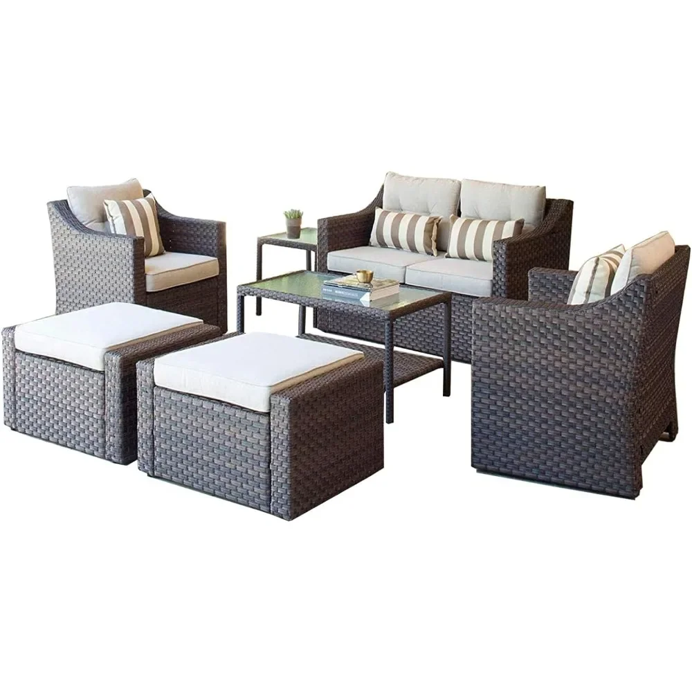 Outdoor Patio Furniture Set Wicker Conversation Furniture Set Patio Lounge Chairs with Ottoman & Loveseat