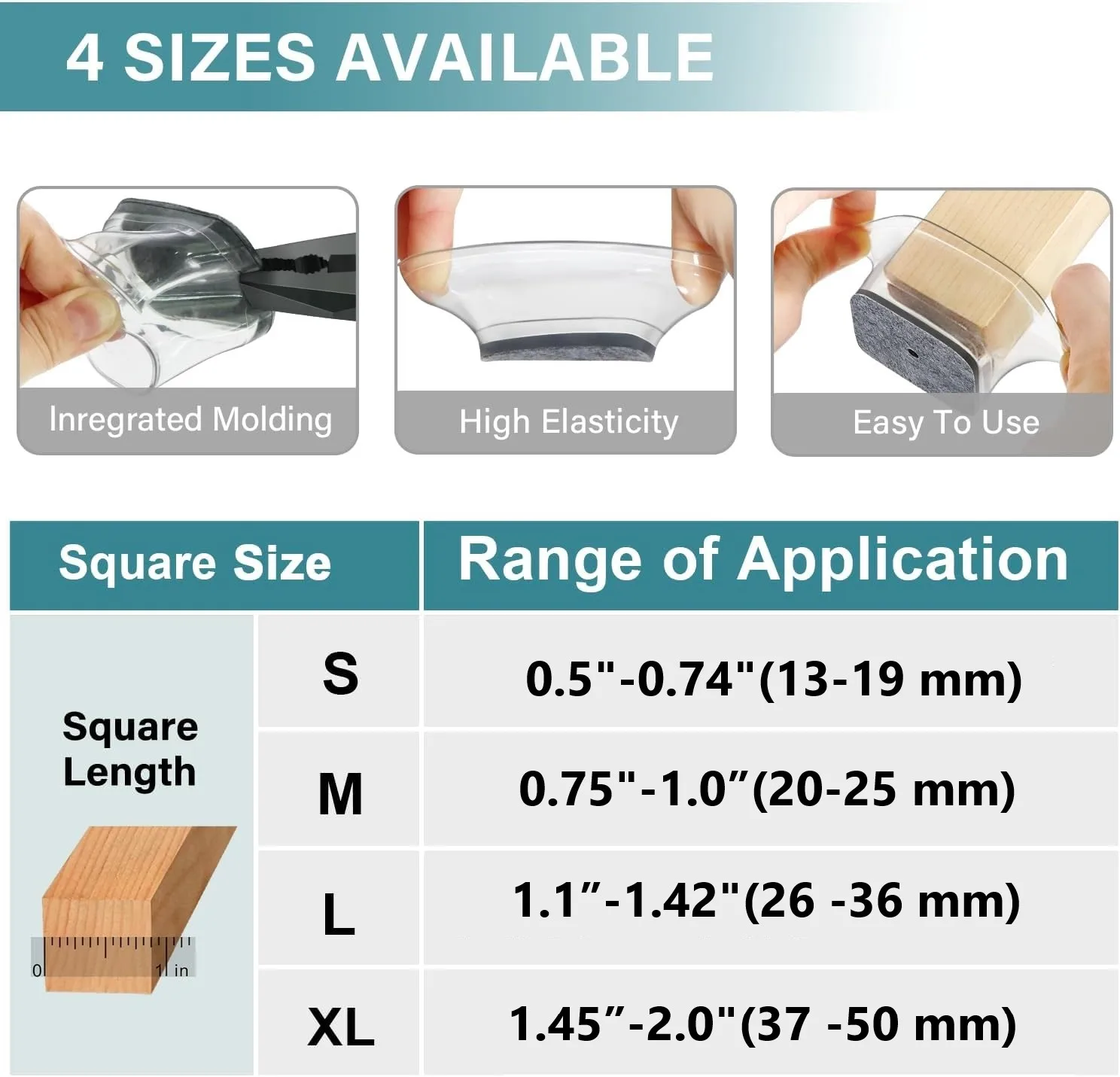 16Pcs Chair Leg Floor Protectors Square, Silicone Felt Furniture Leg Pads Caps Covers for Hardwood Floors