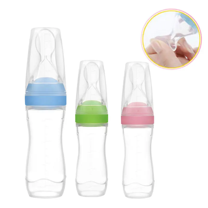 

Morsafe 120ml Safety Silicone Baby Bottle With Spoon Food Supplement Rice Cereal Bottles Squeeze Spoon Milk Feeding Bottle Cup