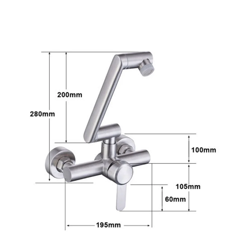 Kitchen Sink Faucet Wall Mounted 304 Stainless Steel Swinging Arm Rotation Double Hole Hot and Cold Water Saving Mixer Basin Tap