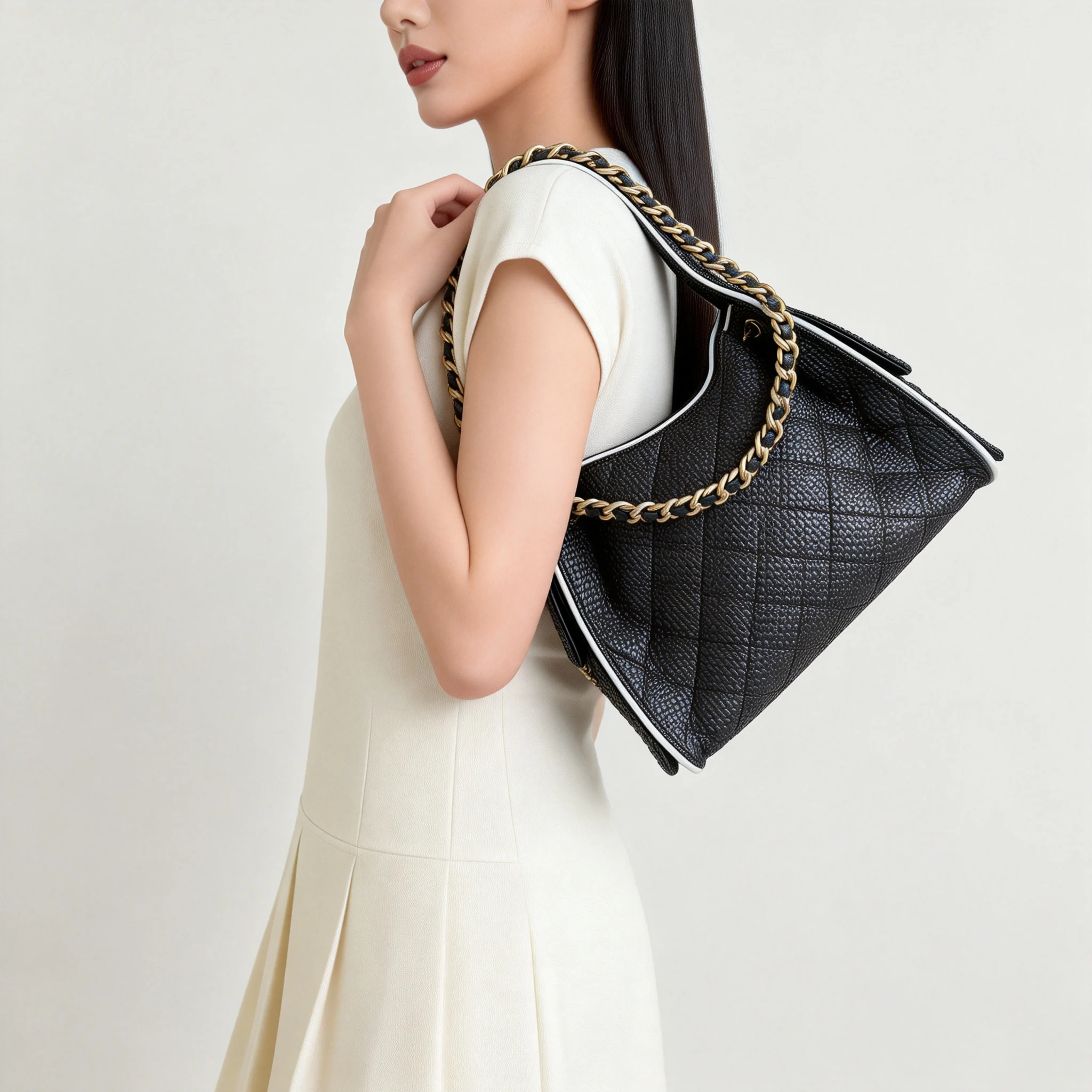 

Large-capacity boho-style diamond-patterned shoulder bag, urban style, chain-and-drawstring crossbody bag, underarm bag