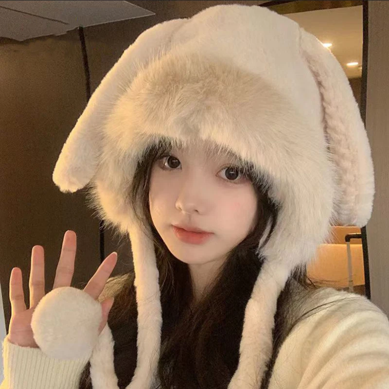 Winter Thicken Lambhair ski mask beanie hat for women adventure time Balaclava Spicy Girl Style Hat 3D Rabbit Ear Girlfriend hat