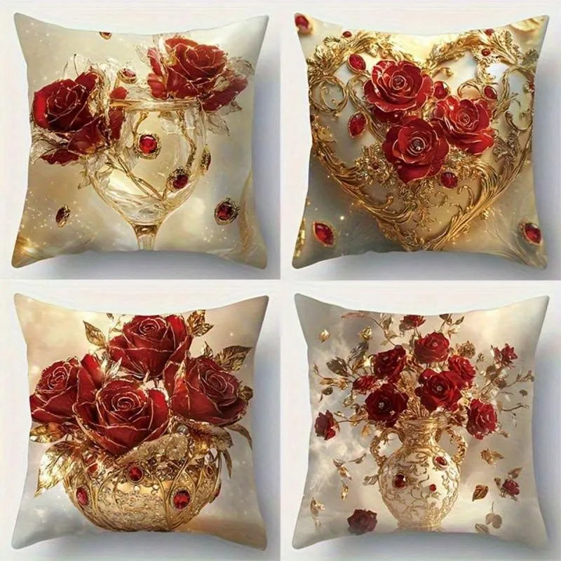

Роскошная наволочка с красными розами — узор «Позолоченное сердце», хрустальная ваза и изысканный букет для элегантного домашнего декора